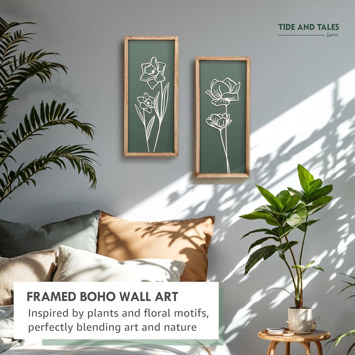3D Floral Green Wall Art (Set of 2) Lightweight, Wooden Ready-to-Hang Boho Framed Wall Art for