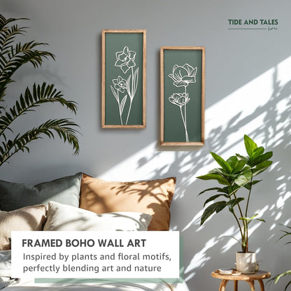 3D Floral Green Wall Art (Set of 2) Lightweight, Wooden Ready-to-Hang Boho Framed Wall Art for