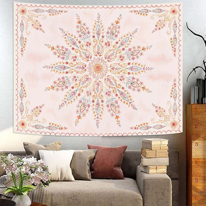 Fowocu Boho Floral Mandala Tapestry for Bedroom Aesthetic Pink Bohemian Flower Wall Tapestry
