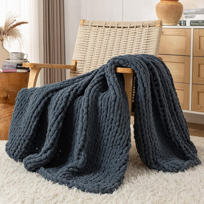 Chunky Knit Blanket Throw, 100% Hand Knit Throw Blanket Handmade Chenille Cable Knit Throw for