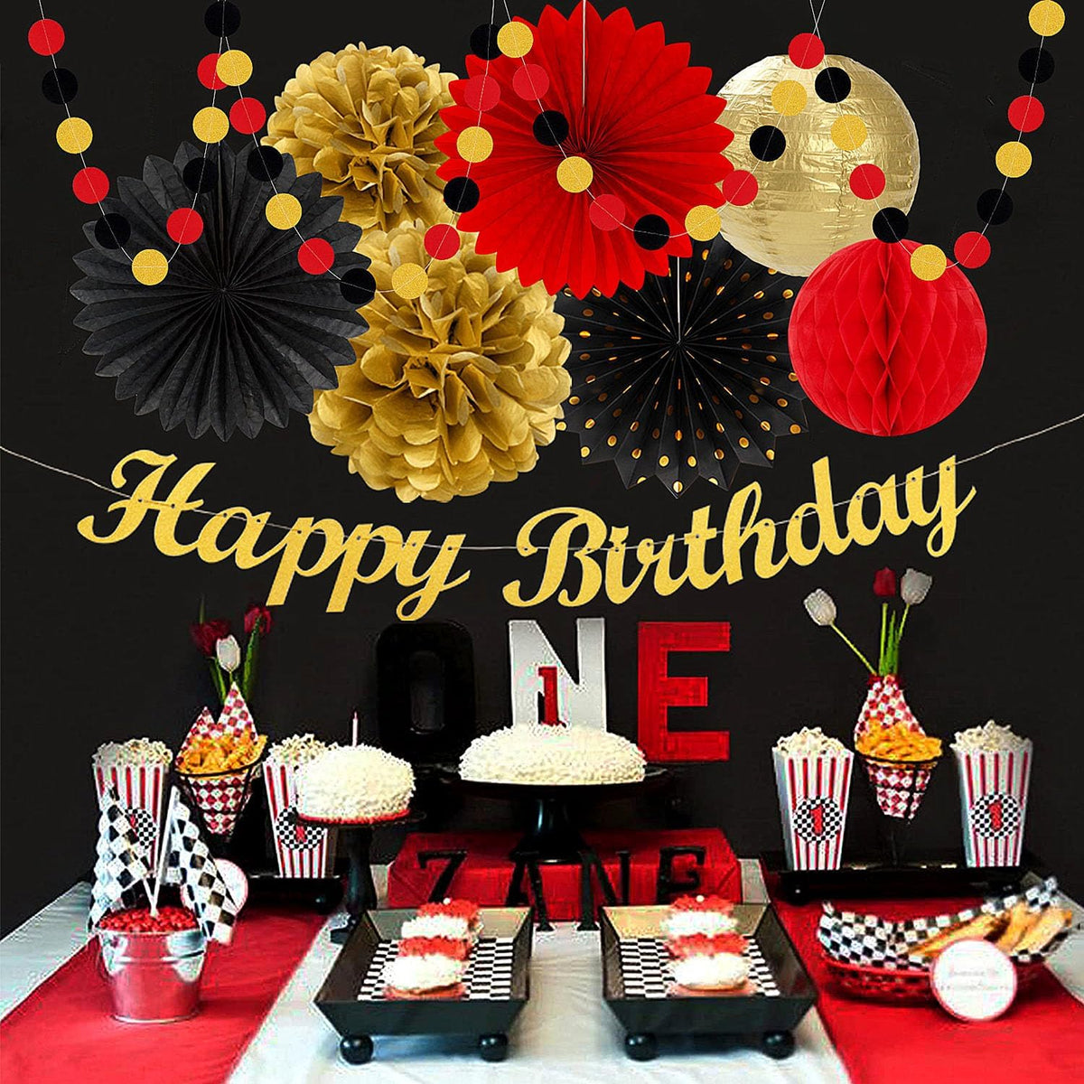 Red-Black Gold Casino-Theme Birthday Party-Decorations - 21pcs Happy Banner,Game Night Paper