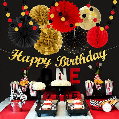 Red-Black Gold Casino-Theme Birthday Party-Decorations - 21pcs Happy Banner,Game Night Paper