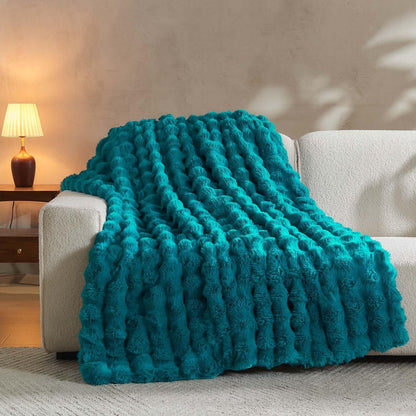 Lotus Karen Faux Fur Teal Throw Blanket - Big Bubble Rabbit Fluff Blanket for Couch Bed