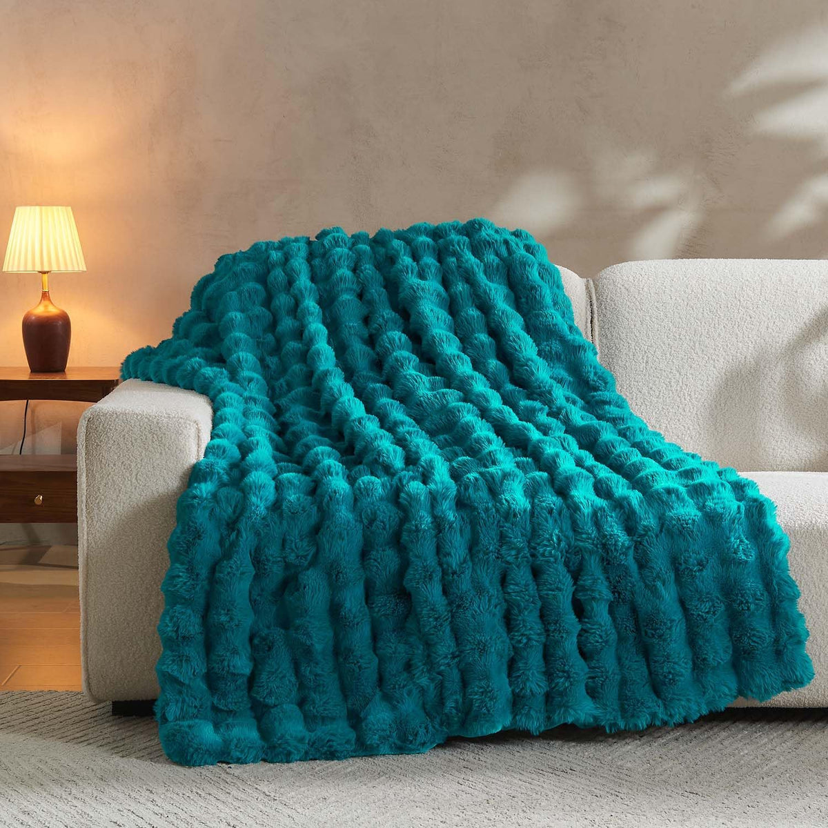 Lotus Karen Faux Fur Throw Blanket Teal - Big Bubble Rabbit Fluff Blanket for Couch Bed