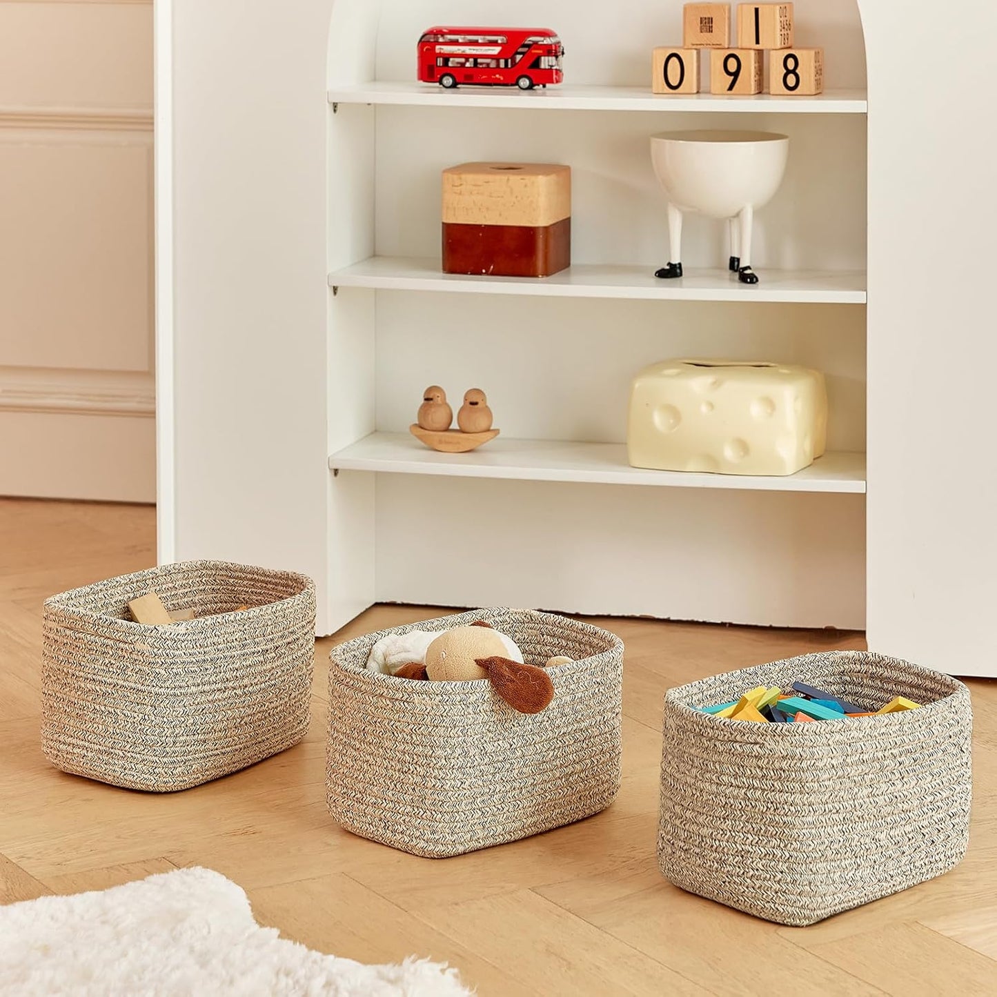 Small Cotton Rope Storage Basket Set of 3-11"x7"x7" Perfect Woven Baskets for Storage, Ideal