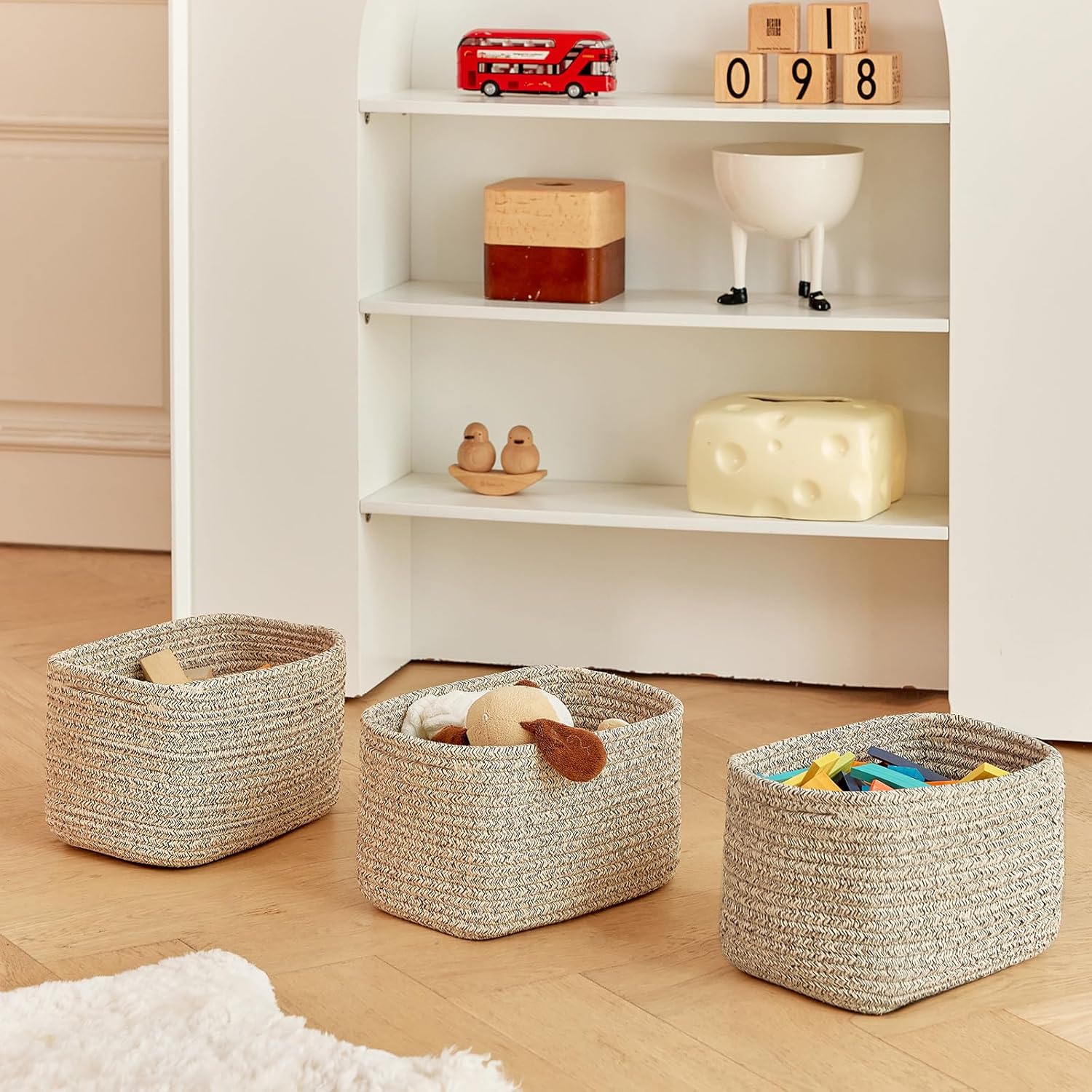 Small Cotton Rope Storage Basket Set of 3-11"x7"x7" Perfect Woven Baskets for Storage, Ideal