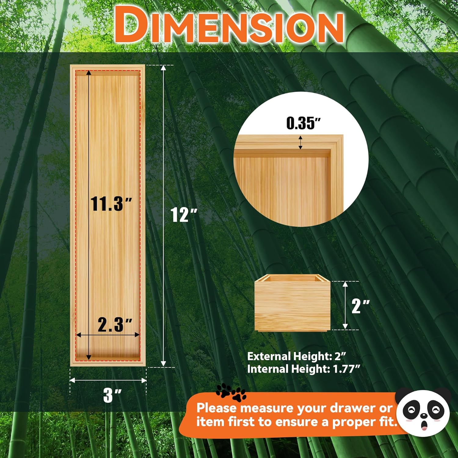 Bamboo Drawer Organizer, Narrow Stackable Cutlery Tray for Kitchen, 2 Pcs Silverware & Utensil Box
