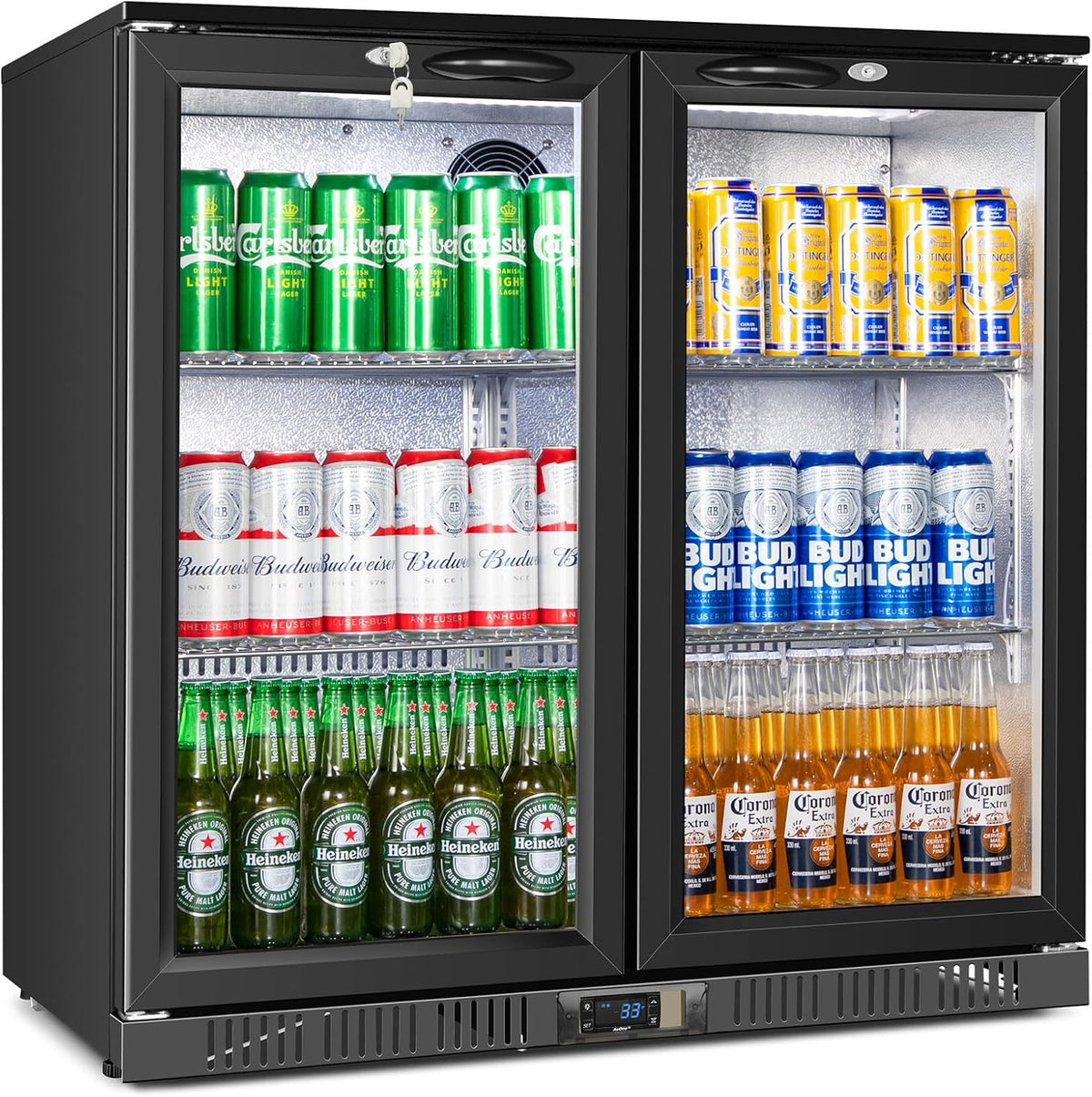 Beverage Refrigerator Under Counter, Back Bar Cooler with 2 Glass Door, Commercial Display Fridge
