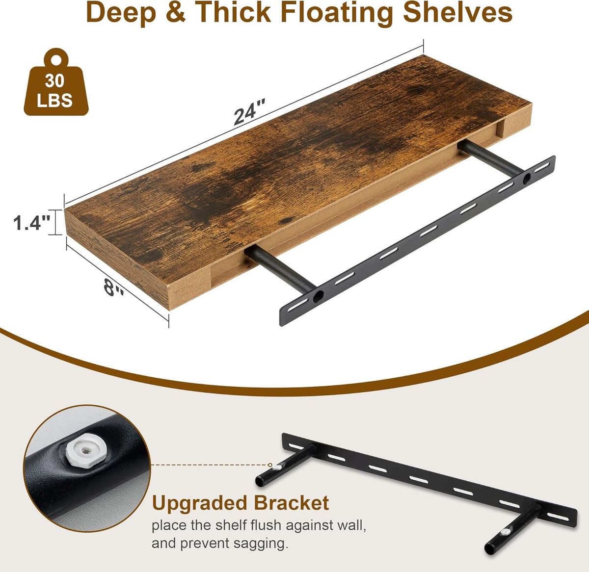 Floating Shelves, 8 Inch Deep Floating Shelves, 24"W x 8"D Wall Shelves Set of 2, Rustic Wood