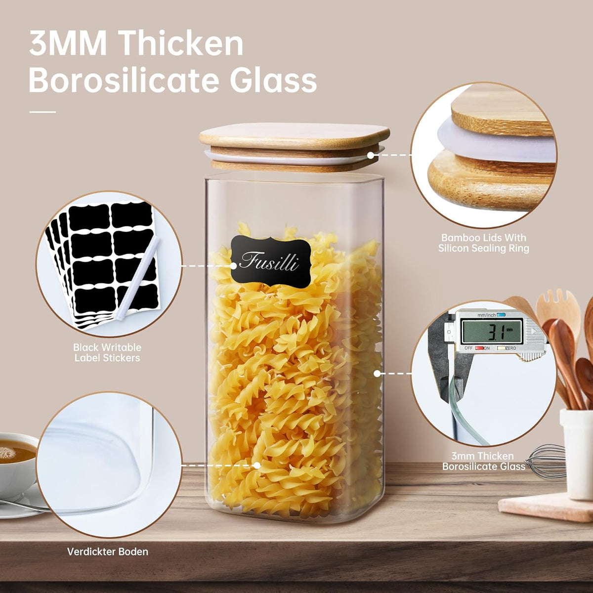 42oz & 27oz - 4 Pack Square Glass Jars with Bamboo Lids, Glass Food Storage Containers with