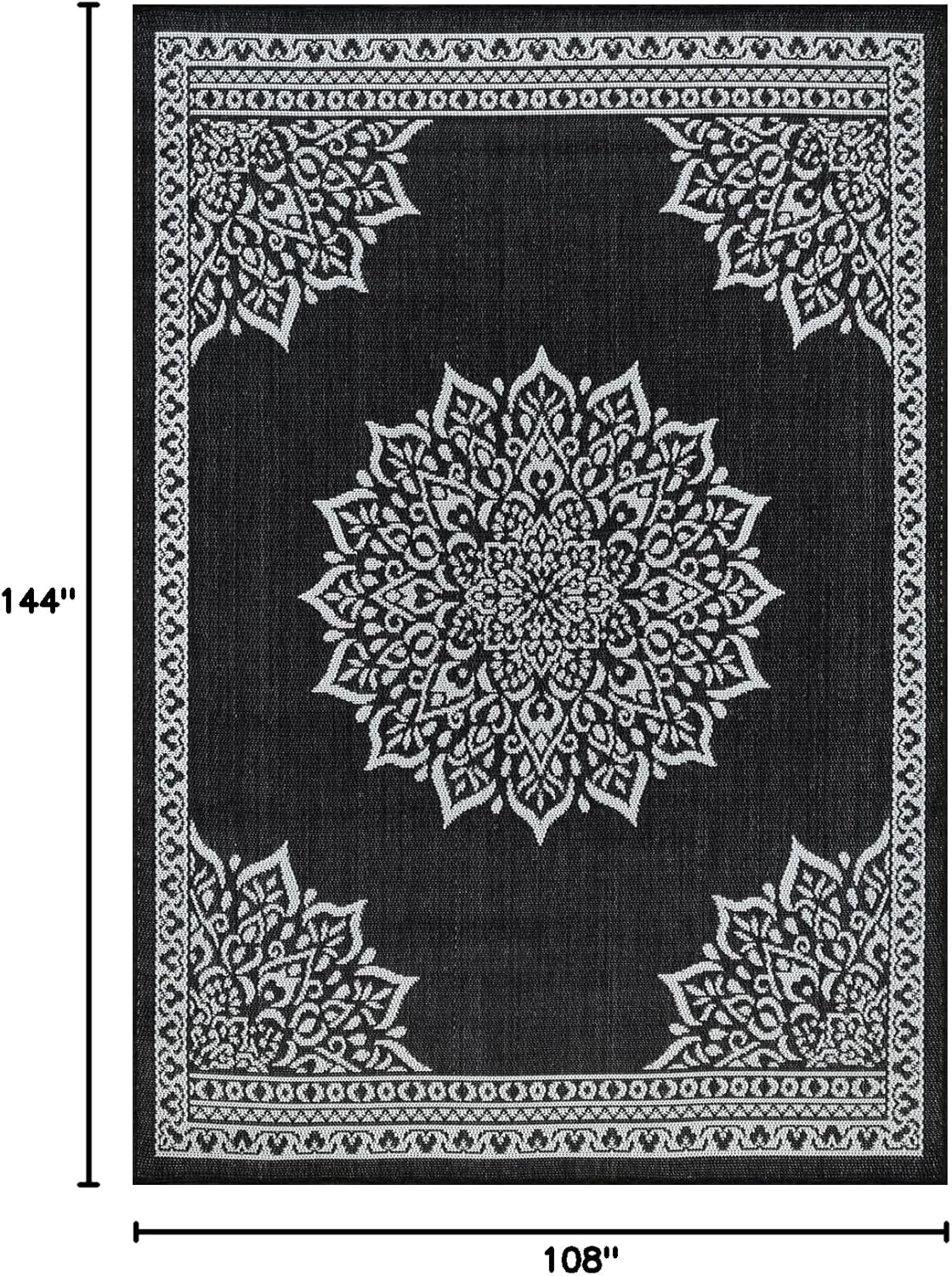 CAMILSON Outdoor Rug, 9x12 Medallion Black White Modern Area Rugs for Large Indoor and Outdoor