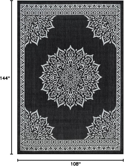 CAMILSON Outdoor Rug, 9x12 Medallion Black White Modern Area Rugs for Large Indoor and Outdoor