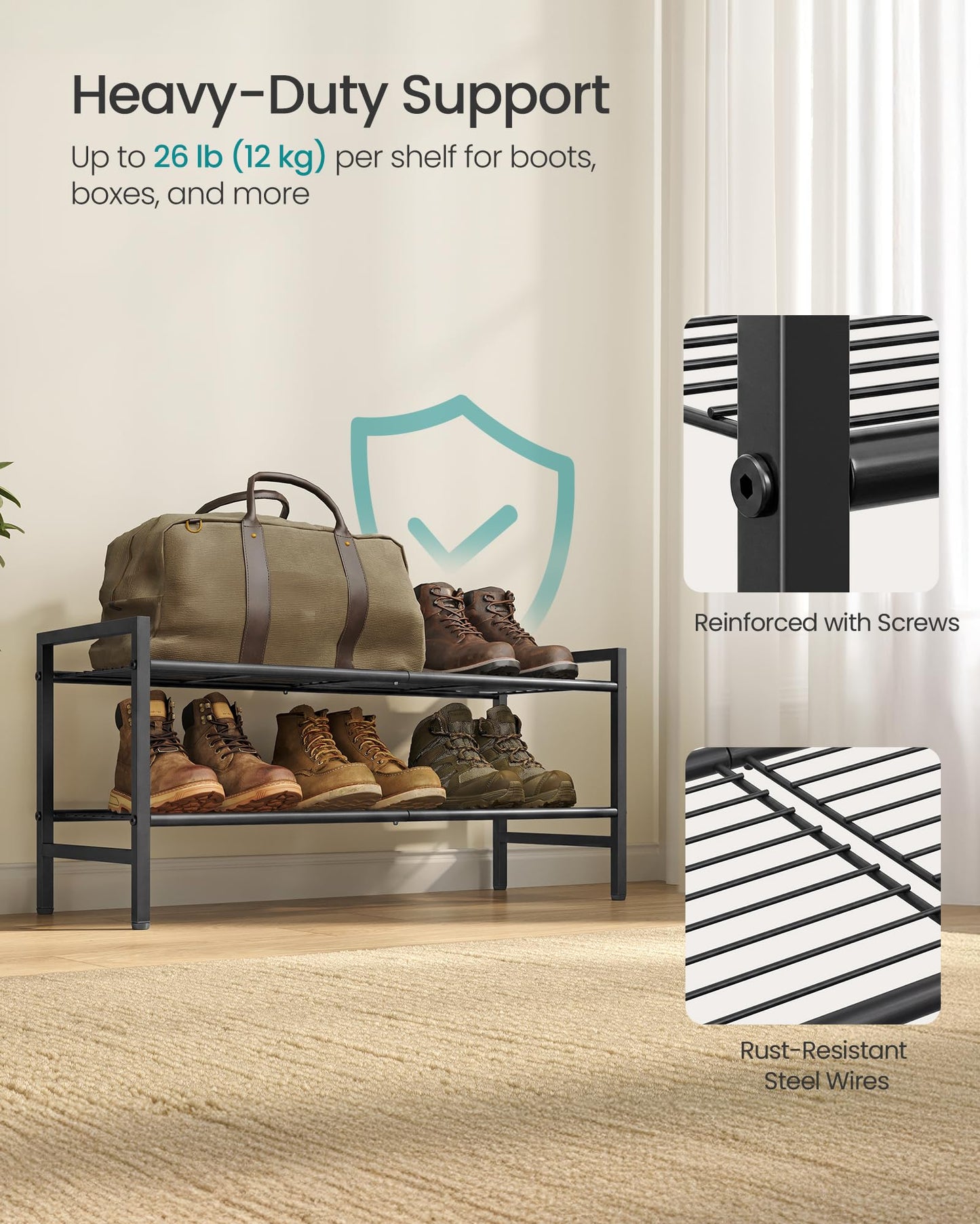 SONGMICS Metal Shoe Rack, Free Standing Shoe Organizer for Entryway Closet Garage Small Spaces
