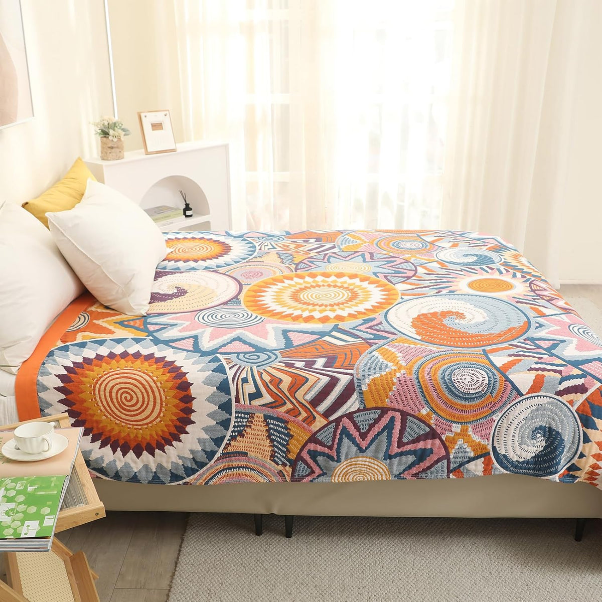 Snycler Boho Throw Blanket for Bed - 100% Cotton Ultra Soft Rustic Quilt Fall Blanket - Orange