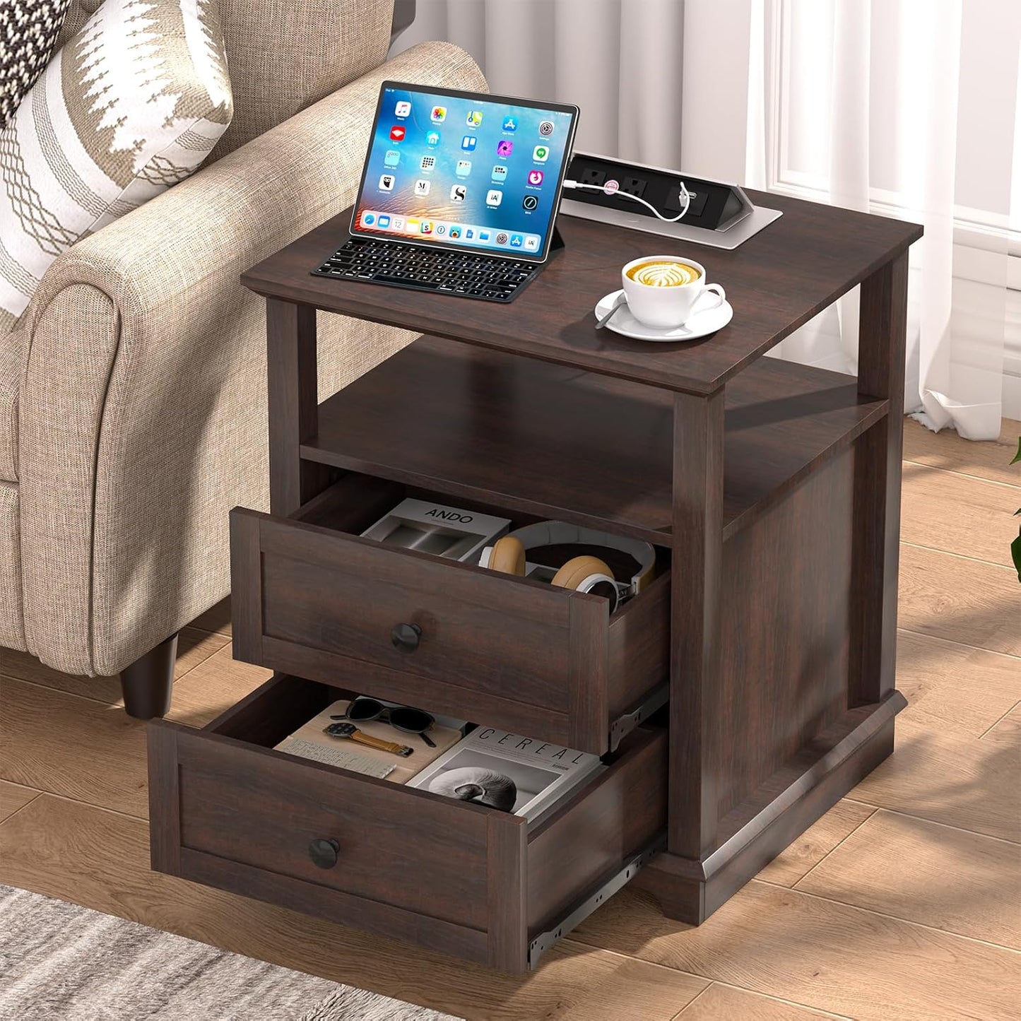 HIFYOBRO 24" Tall End Table with 2 Drawers and Charging Station, Type-C & USB Port & Power outlets