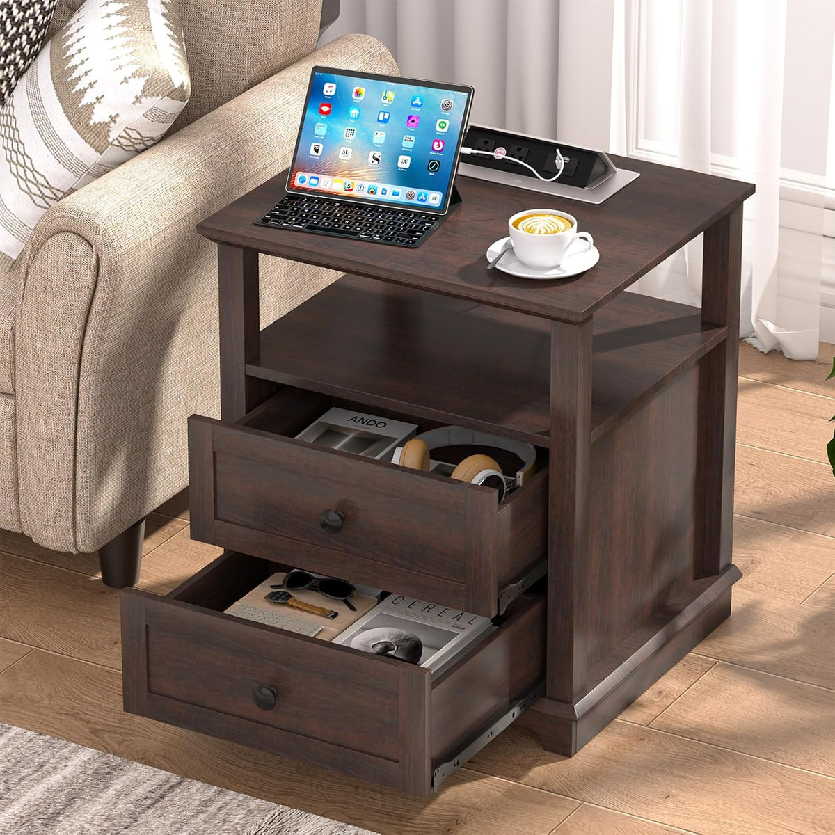 HIFYOBRO 24" Tall End Table with 2 Drawers and Charging Station, Type-C & USB Port & Power outlets