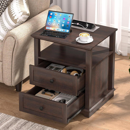 HIFYOBRO 24" Tall End Table with 2 Drawers and Charging Station, Type-C & USB Port & Power outlets