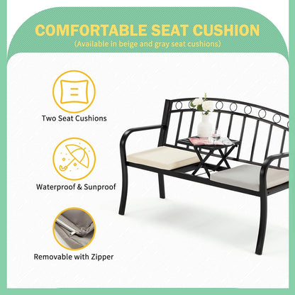 AVAWING Outdoor Metal Garden Bench, 2-Seat Patio Porch Bench with Steel Frame, Park Bench w/Pullout