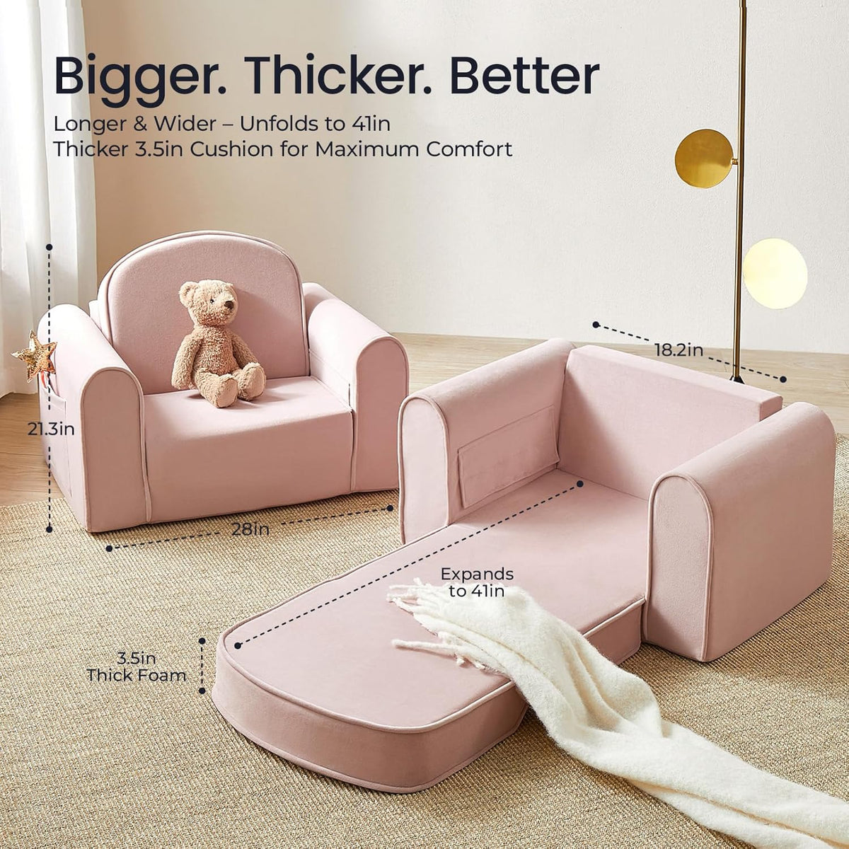 Tiny Land 2-in-1 Foldable Kids Couch with Pockets – Soft Thick Toddler Sofa, Lounger Couch