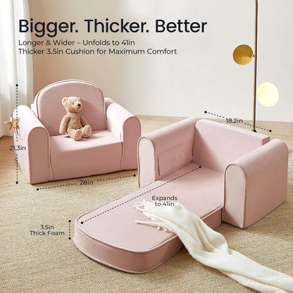 Tiny Land 2-in-1 Foldable Kids Couch with Pockets – Soft Thick Toddler Sofa, Lounger Couch