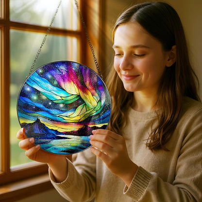 Stained Glass Window Hanging - 8 Inch Aurora Borealis Suncatcher for Window Doors Home Decoration
