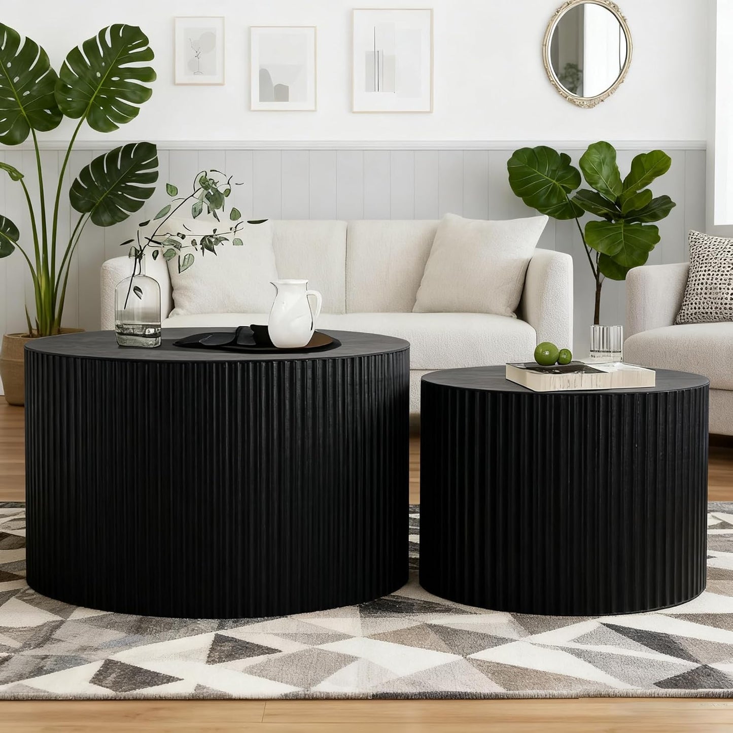 Round Nesting Coffee Table Black Round Fluted Coffee Table Set of 2 for Living Room Small Circle