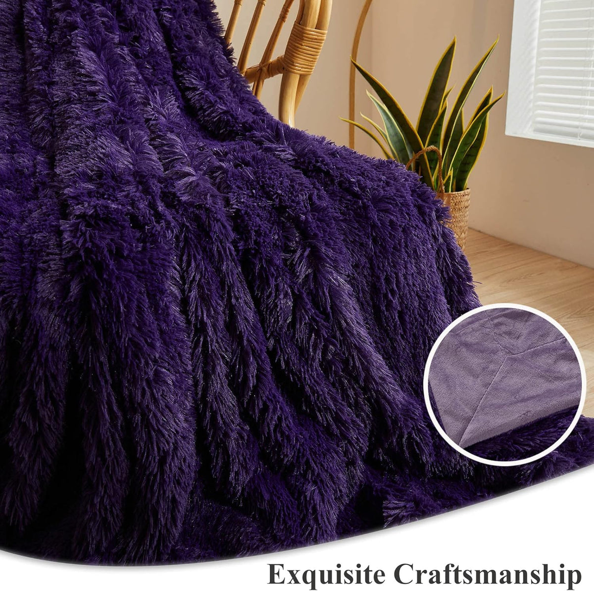 XeGe Plush Faux Fur Throw, Dark Purple Luxurious 50x60 Shaggy Furry Blanket, Thick Fluffy