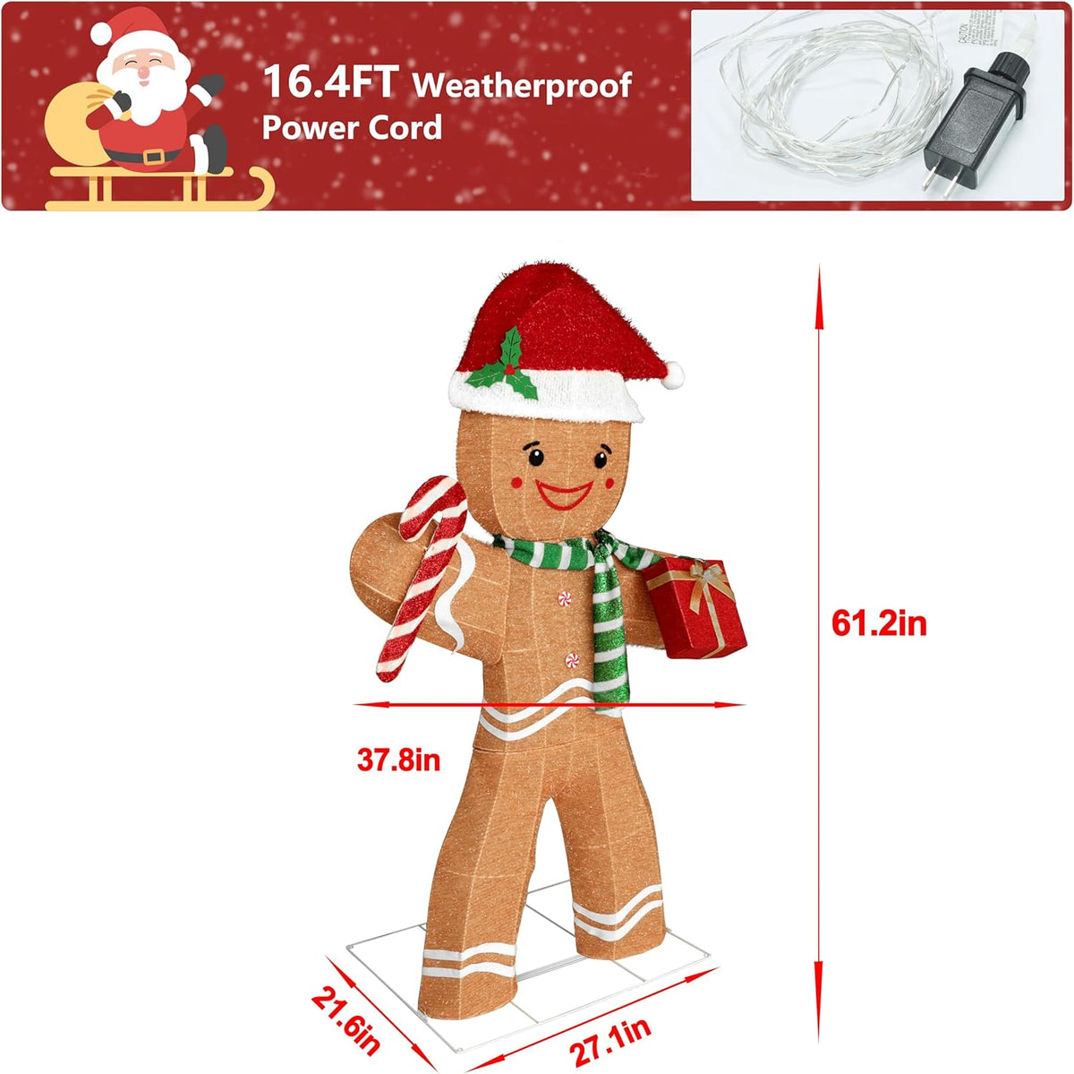 5FT Gingerbread Man with Candy Cane and Gift Box Decoration, 2.5D Pre-Lit Gingerbread Man Decor