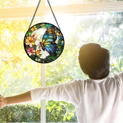 Stained Glass Window Hanging, Butterfly Flower Sun Catchers Diamond Glass Panel Hangings Insect