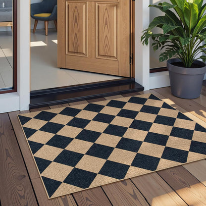 Lahome Checkered Easy Jute Kitchen Rug, 2x3 Front Door Mat Non Slip Washable Neutral Area Rug