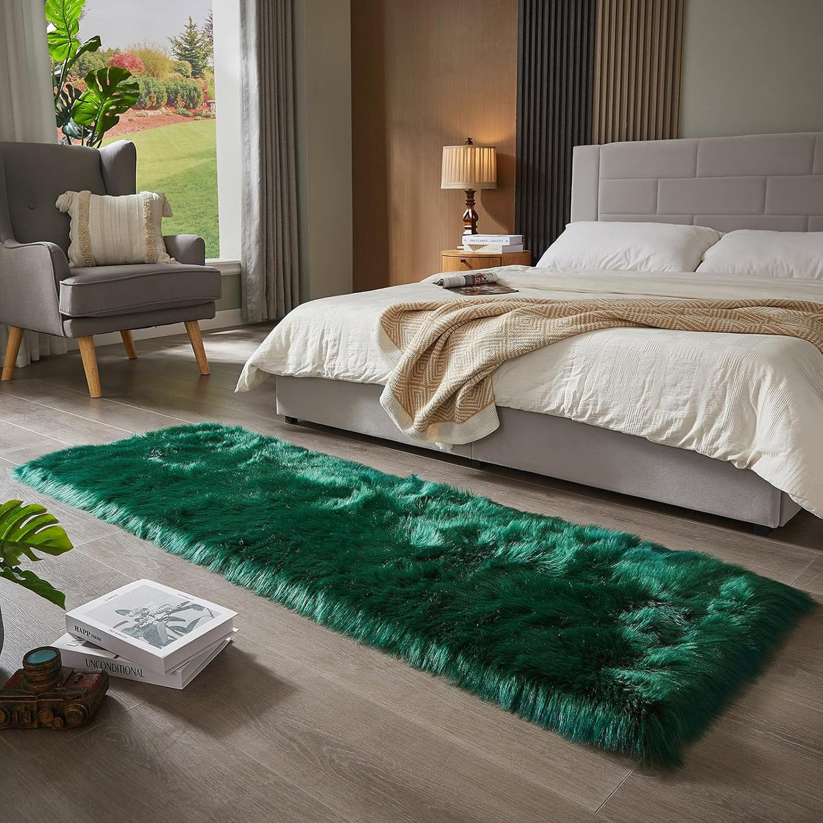AMTOVO Faux Fur Rug, Dark Green Ultra Soft Fluffy Shag Sheepskin Rug, 2 x 6 ft Runner Area Rugs for