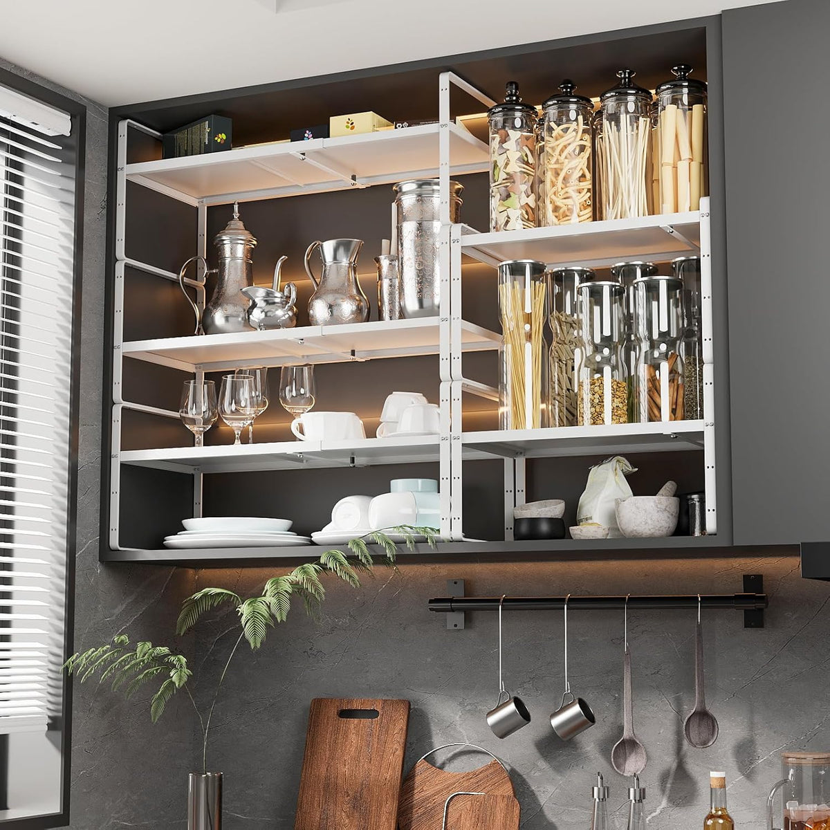 16.5~27.1" Expandable Shelf Organizer, 1Pack 10.2" Wide Stackable Cabinet Shelf Organizers, White