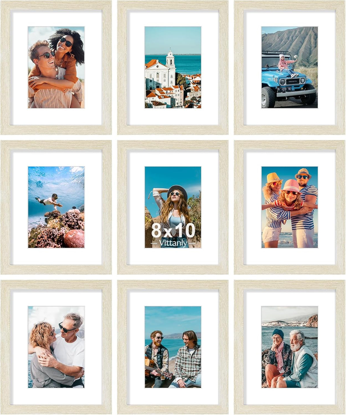 Vittanly 8x10 Picture Frames Set of 9, Shatter Resistant Plexiglass, Display 5x7 Pictures with Mat