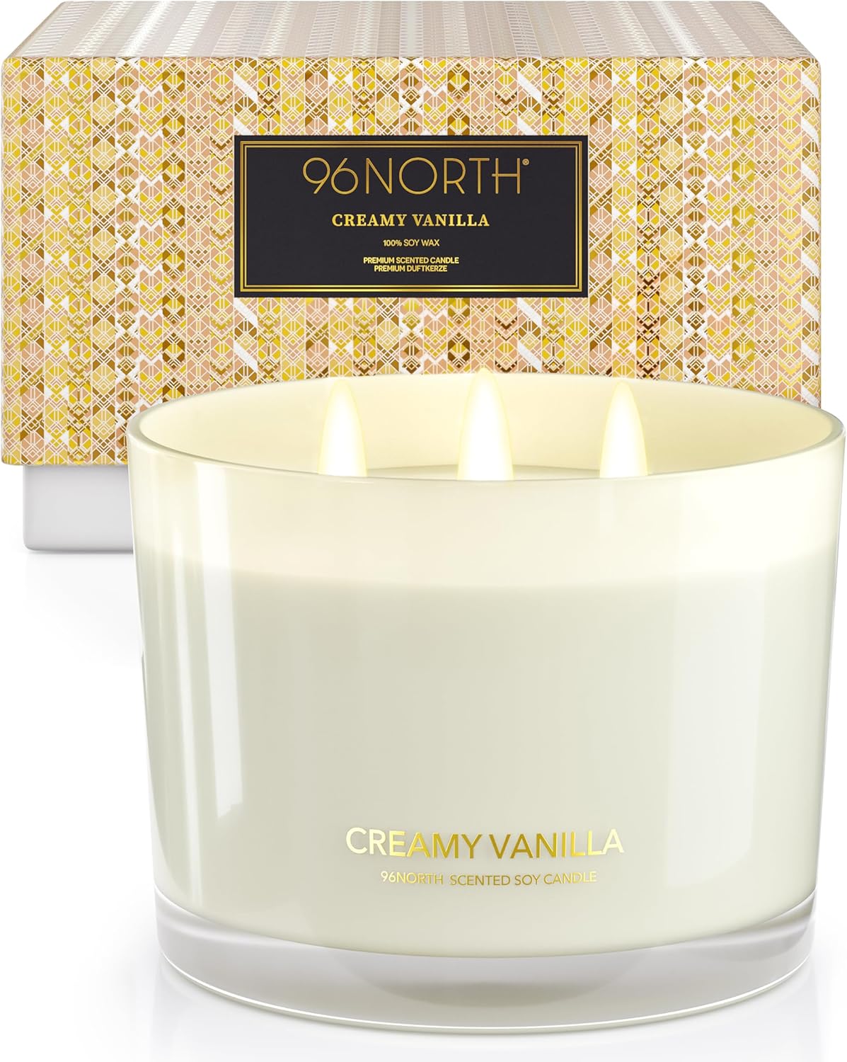 96NORTH Creamy Vanilla Scented Candles | Large 3 Wick Jar Candle | Up to 40 Hours Burning Time |