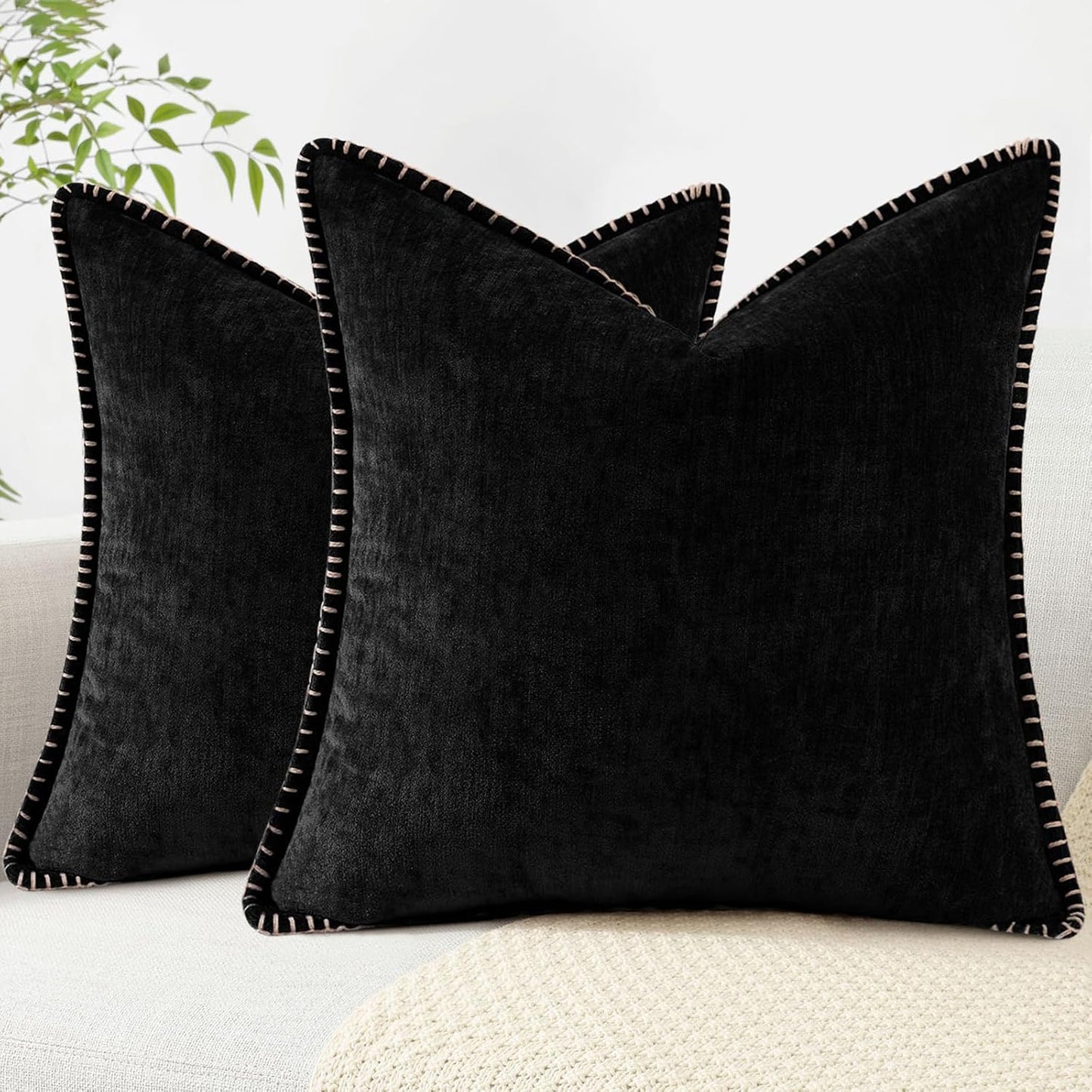decorUhome Chenille Soft Throw Pillow Covers 20x20 Set of 2, Farmhouse Velvet Neutral Decorative