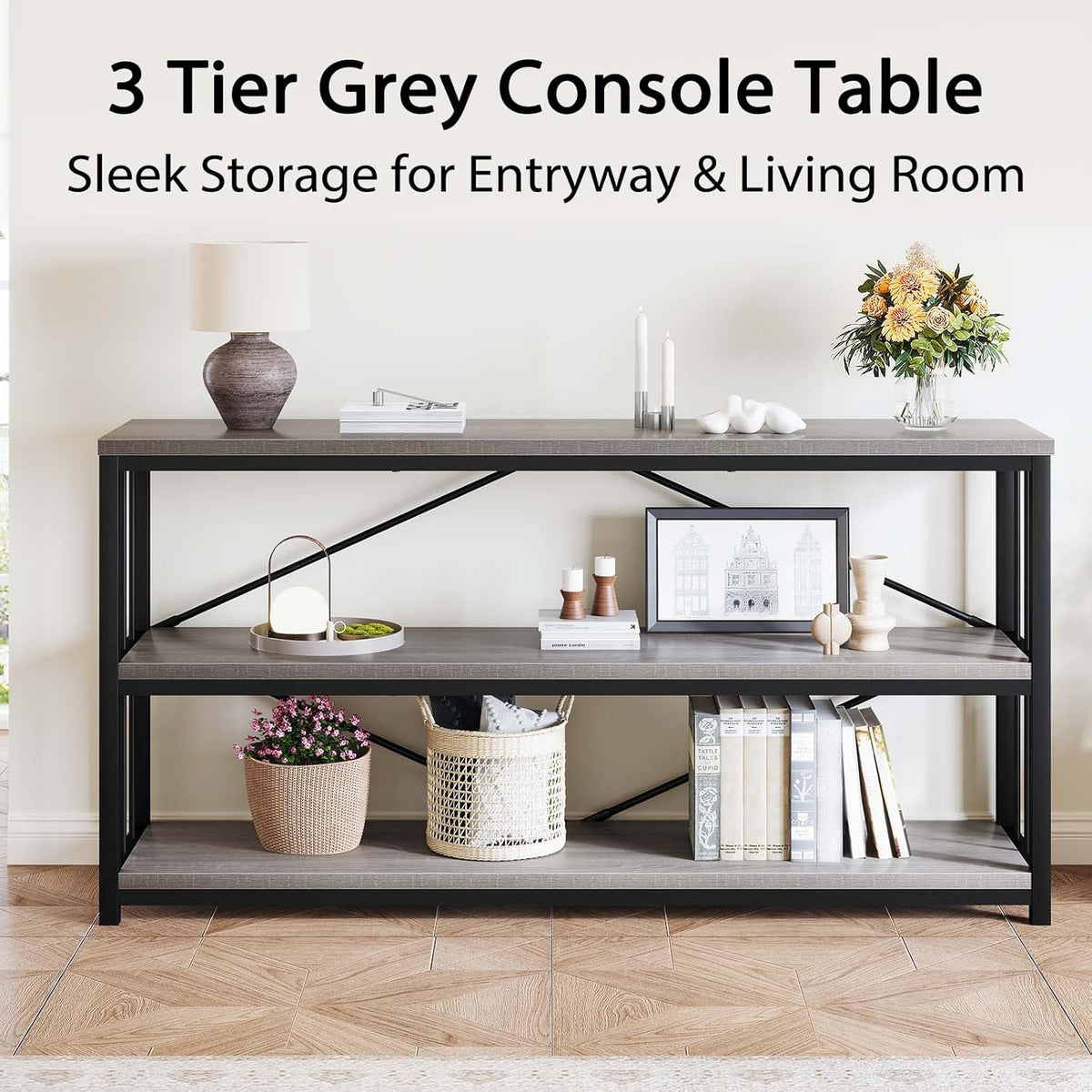 LVB Extra Long 3-Tier Sofa Table, Industrial Console Table with Storage Shelf, Modern Rustic Wood