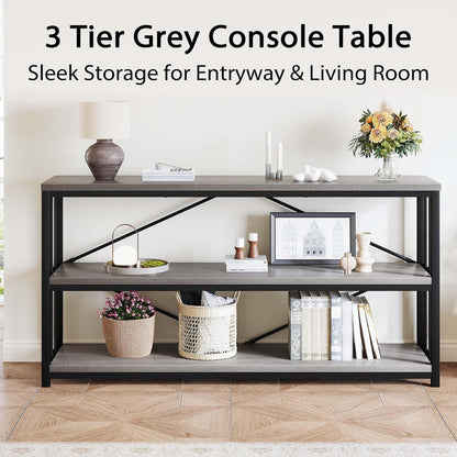 LVB Extra Long 3-Tier Sofa Table, Industrial Console Table with Storage Shelf, Modern Rustic Wood