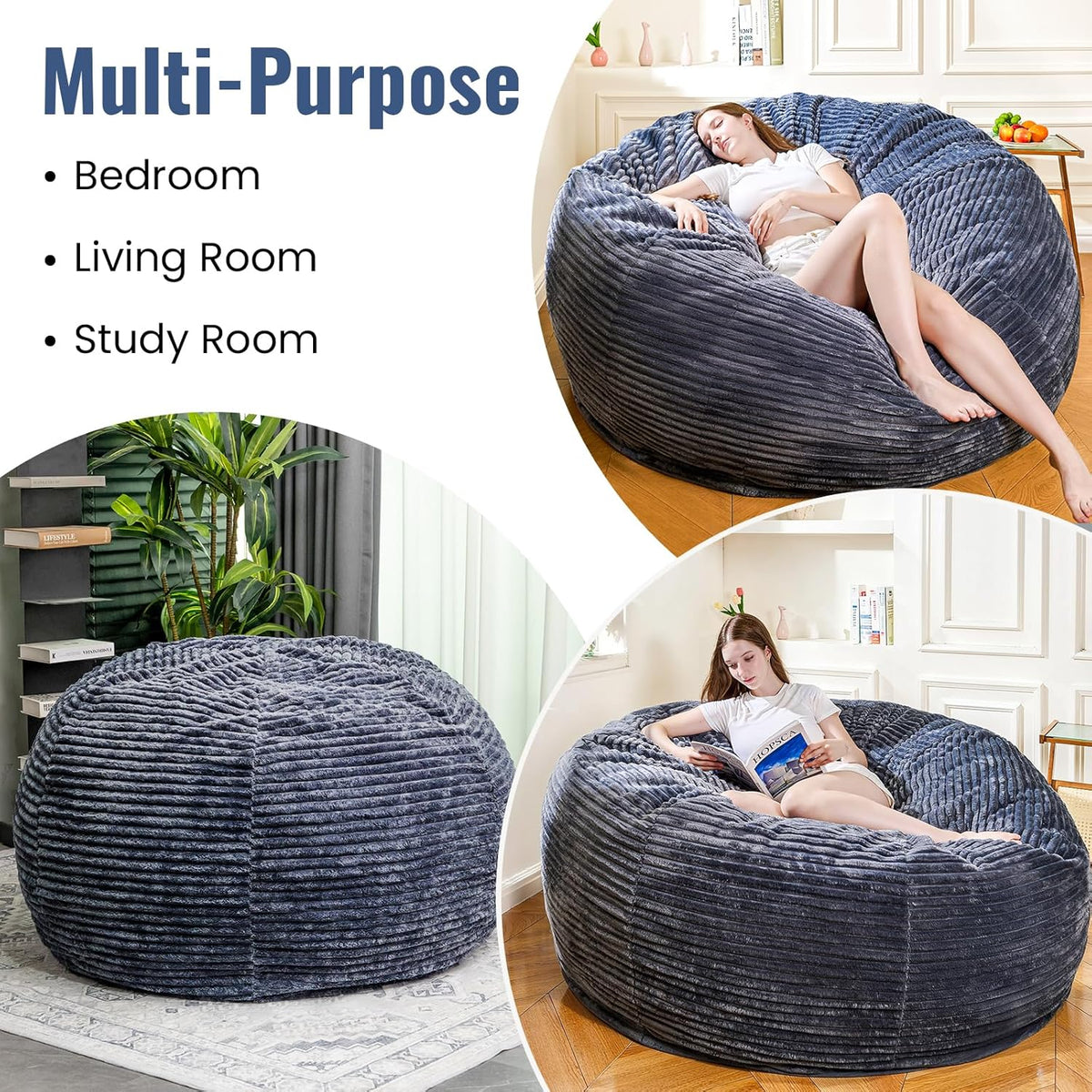 Large Bean Bag Chair, 5FT Giant Beanbag Chairs with Memory Foam Filled, Bean Bag Chairs for Adults