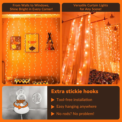 HXWEIYE 300LED Orange Fairy Curtain Lights with Remote 8 Modes Timer for Bedroom, 9.8x9.8Ft USB