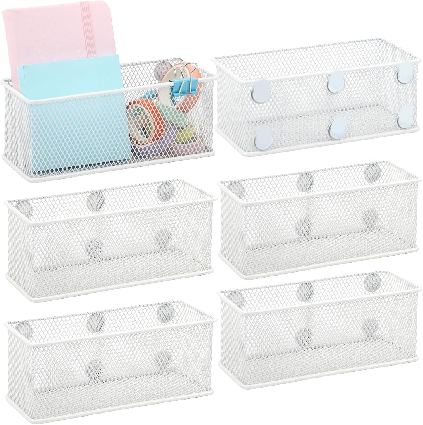 EASEPRES Magnetic Pencil Holder Set of 6 - Wire Mesh Storage Baskets Organizer with Strong Magnets