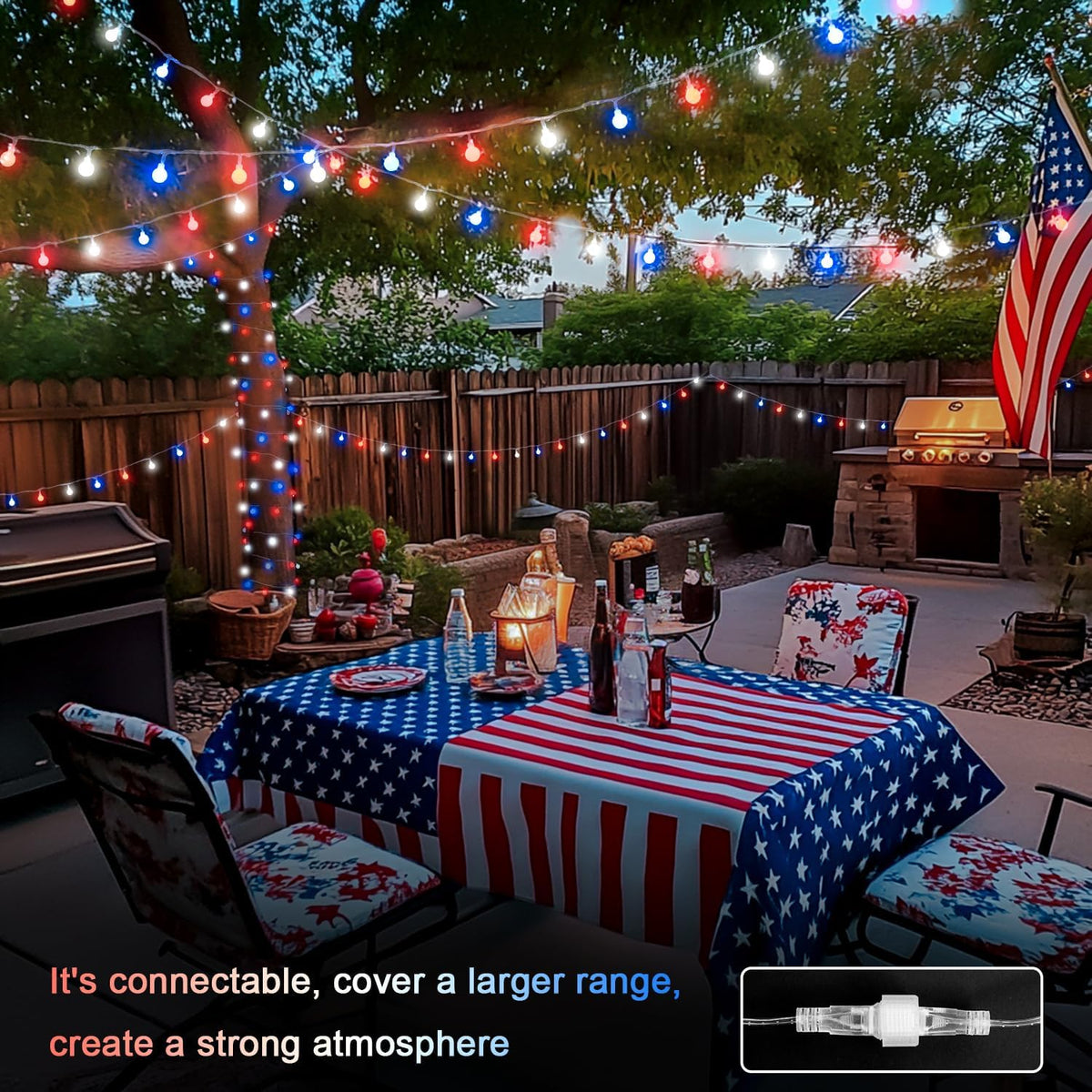JMEXSUSS Connectable Red White and Blue Lights Indoor Outdoor, 100 LED 33ft 4th of July Decorations
