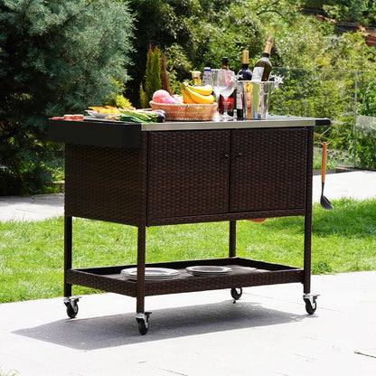 Grand patio Outdoor Wicker Bar Cart, Outdoor Bar Table with Stainless Steel Tabletop, Patio Kitchen