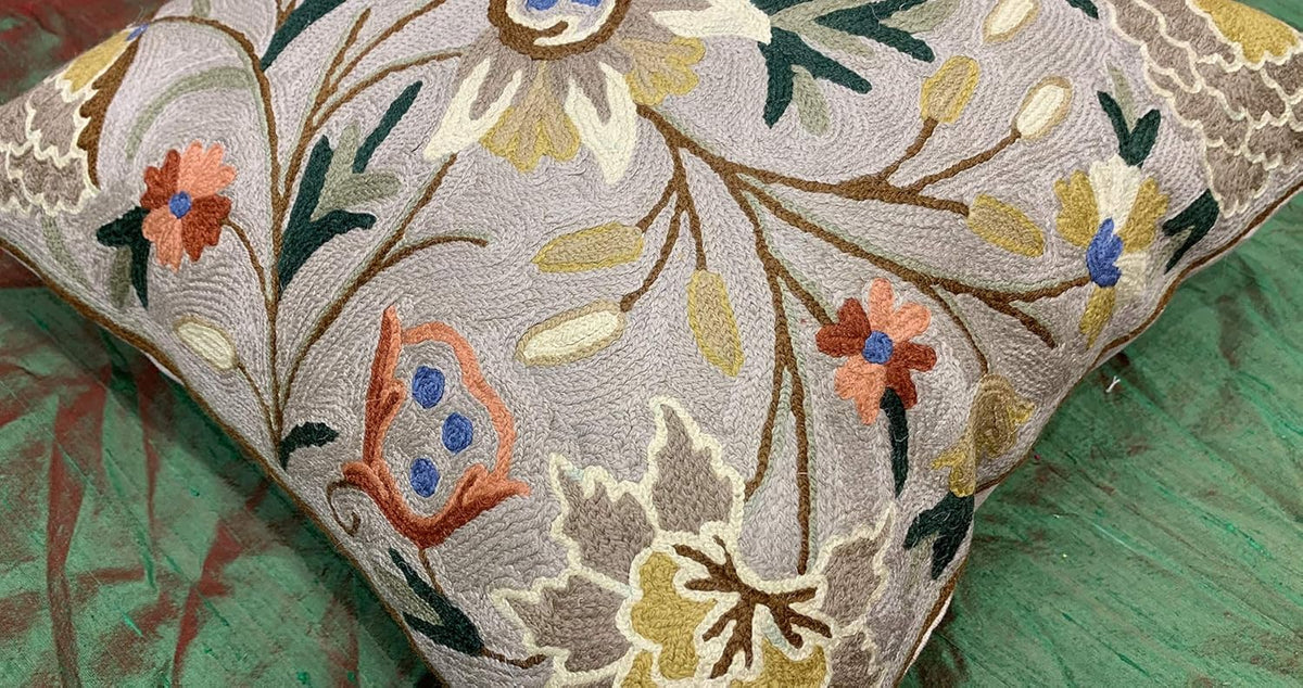 Beige Floral Pillow Cover Taupe Flower Traditional Hand Embroidered Pillowcase Traditional Outdoor