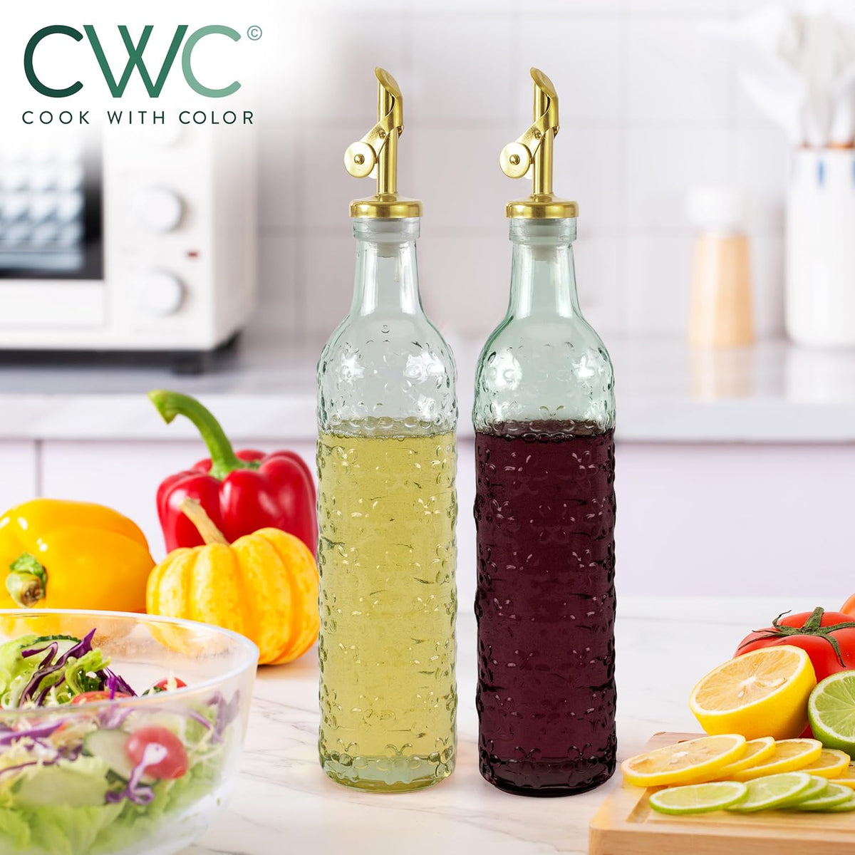 COOK WITH COLOR Glass Olive Oil Bottle Dispenser - 2 Pack- 17oz Oil and Vinegar Cruet - Olive Oil