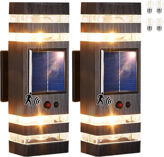 2 Pack Solar Outdoor Wall Lights with 3-Mode Motion Sensor Outside Sconces Up Down Solar Porch