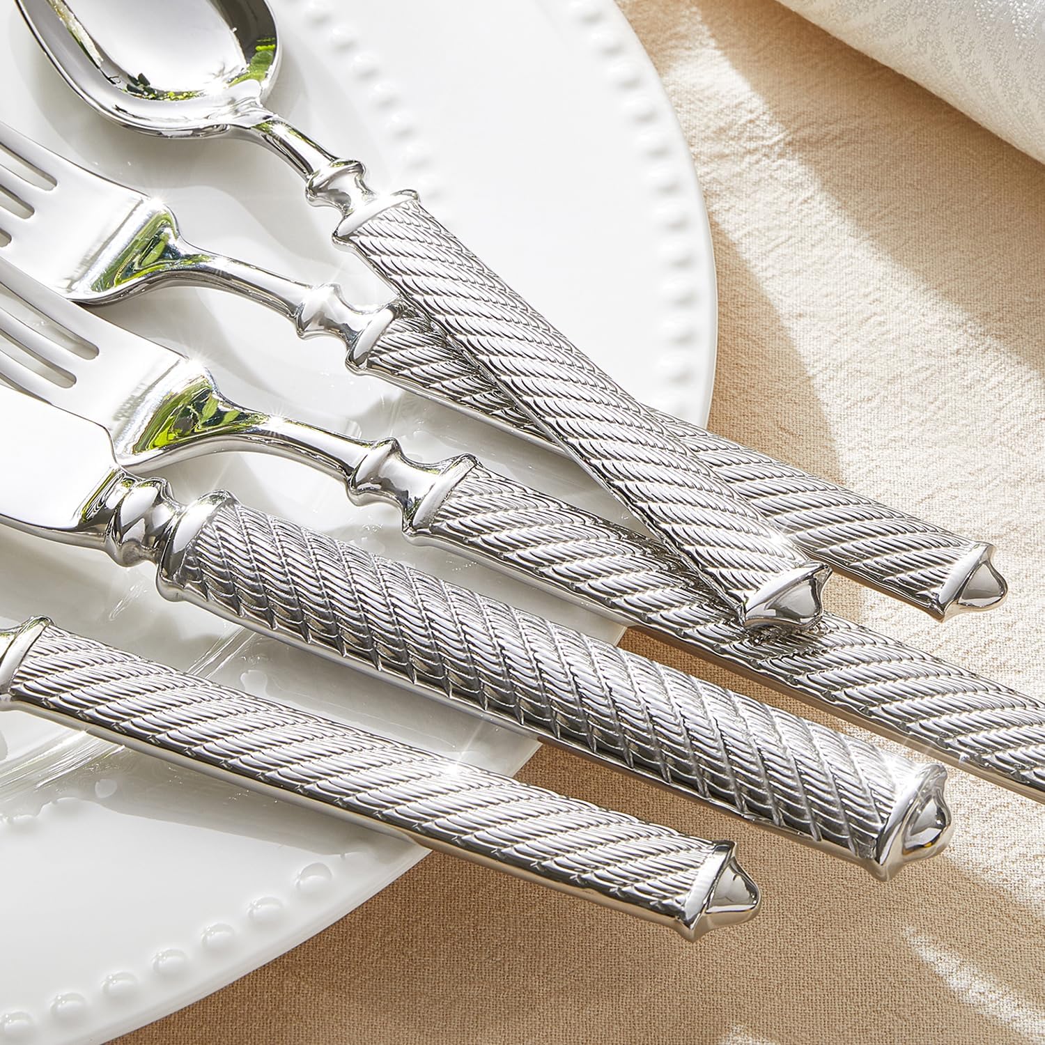 KINGSTONE Retro Rope-Pattern Silverware Set, 10-Piece Flatware Set Cutlery Set Forged with
