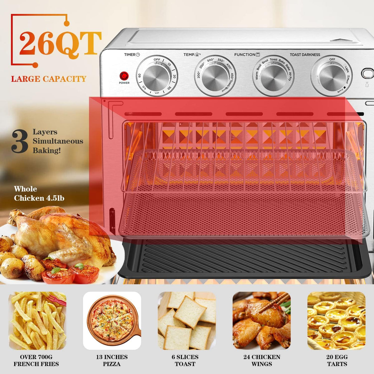 Geek Chef 26 QT Air Fryer Oven, Big Air Fryer, Toast Oven with Bake, Roast, Pizza, Easy to Use &