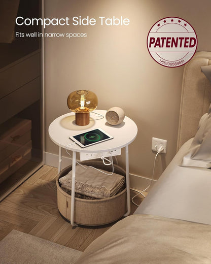 VASAGLE Side Table with Charging Station, Round End Table with Fabric Basket, Nightstand with Power
