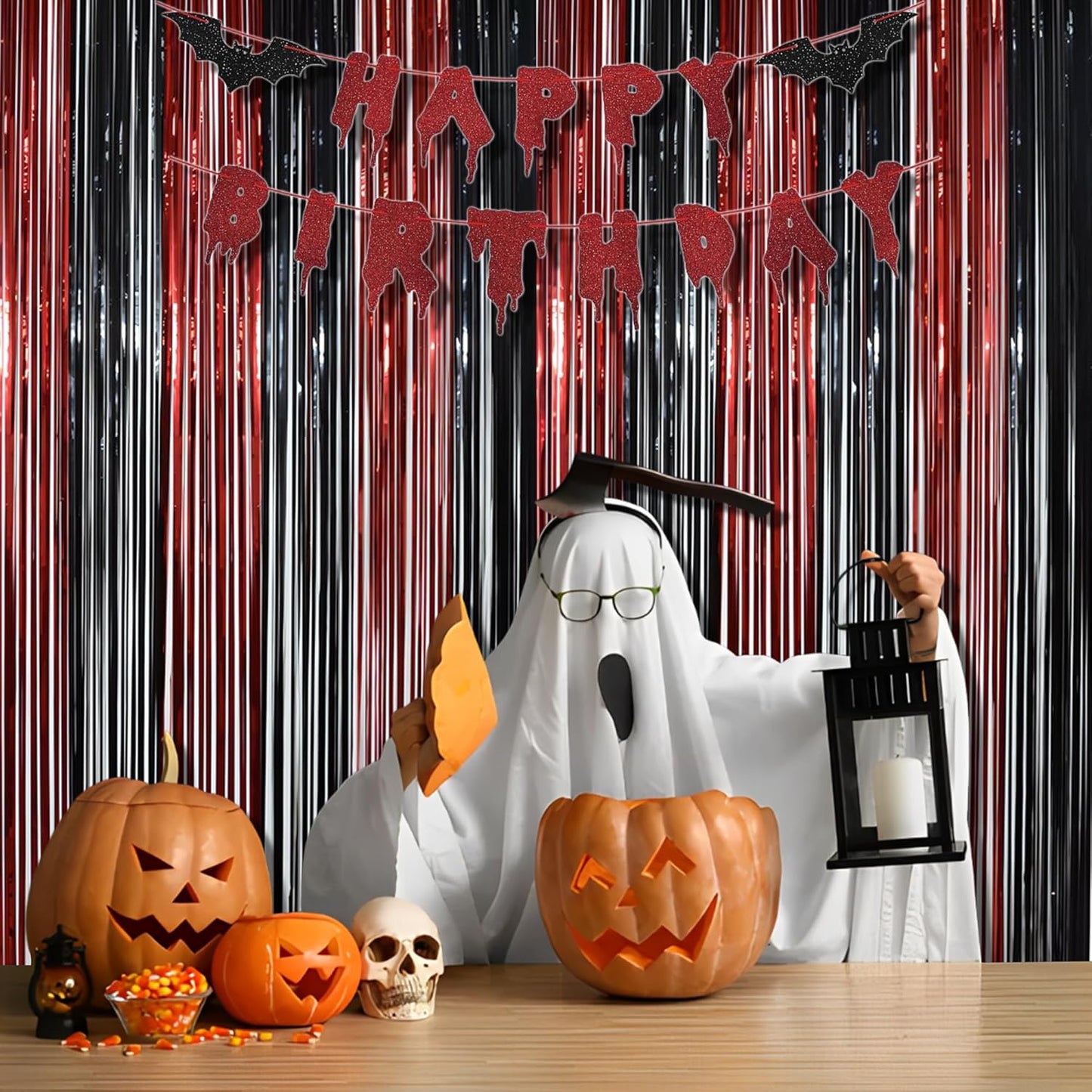 BRAVESHINE Tinsel Photo Backdrop Curtains - 2 Pack 3.2x8.2ft Black Red Foil Fringe Streamer Curtain