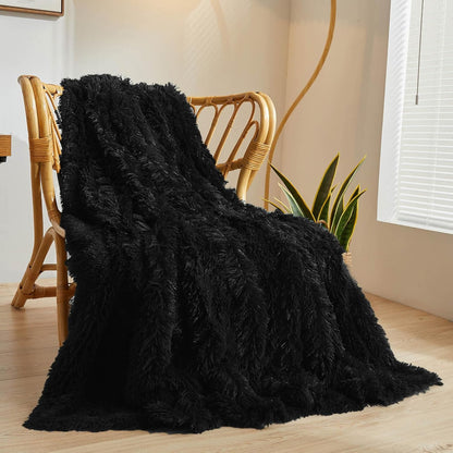 XeGe Luxury Faux Fur Throw Blanket, Black Soft 50x60 Fluffy Blanket Throw, Shaggy Plush Decorative